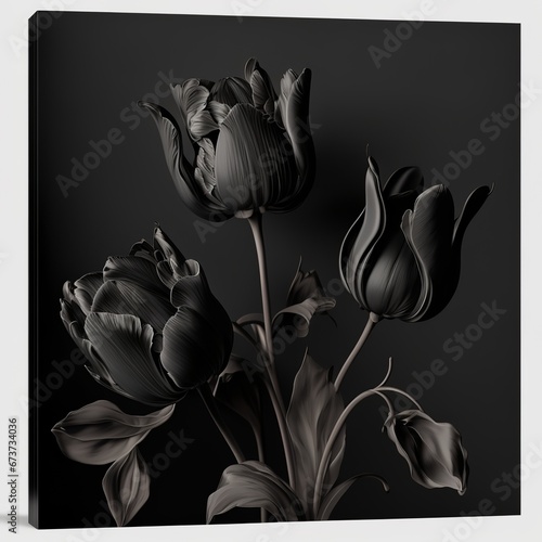 Black tulips on black background. Minimalistic contemporary bunch of elegant spring flowers bouquet for a funeral to the grave horroristic some threads green leaf Generative AI 