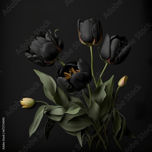 Black tulips on black background. Minimalistic contemporary bunch of elegant spring flowers bouquet for a funeral to the grave horroristic some threads green leaf  Generative AI  photo