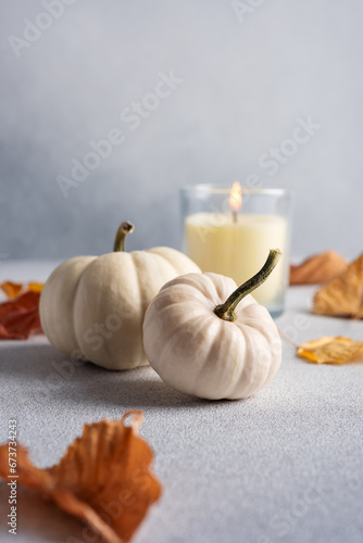 Cozy still life with miniature decorative pumpkins and glass candle
