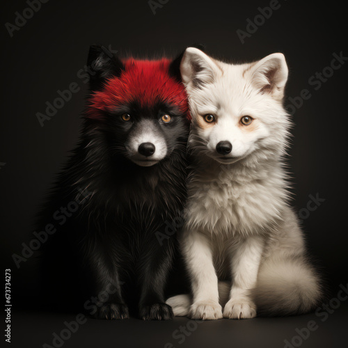 cute little fox couple, black and white