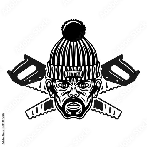 Lumberjack head in knitted hat with bristle and two crossed saws. Vector character illustration in vintage monochrome style isolated on white background