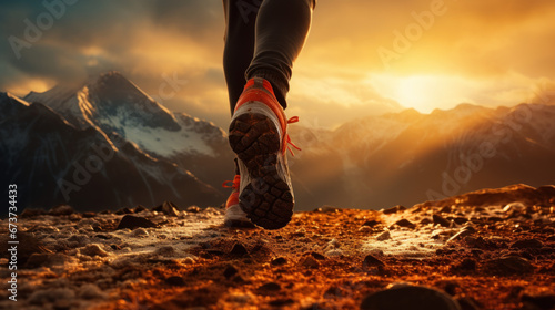 athlete running close up shoes on the start, sunset, snow with beautiful montains background photo
