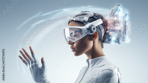 young women with futuristic vr headset, white background