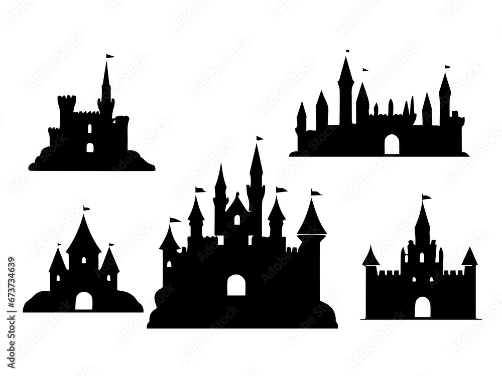 silhouettes of castle vector , black and white , 