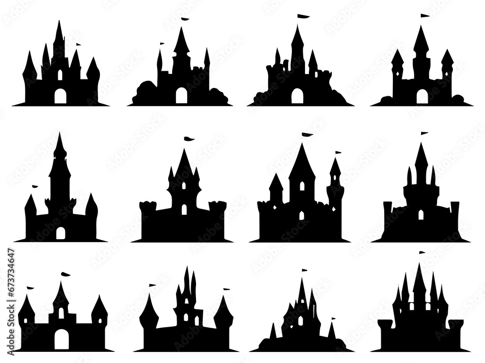 silhouettes of castle vector , black and white , 