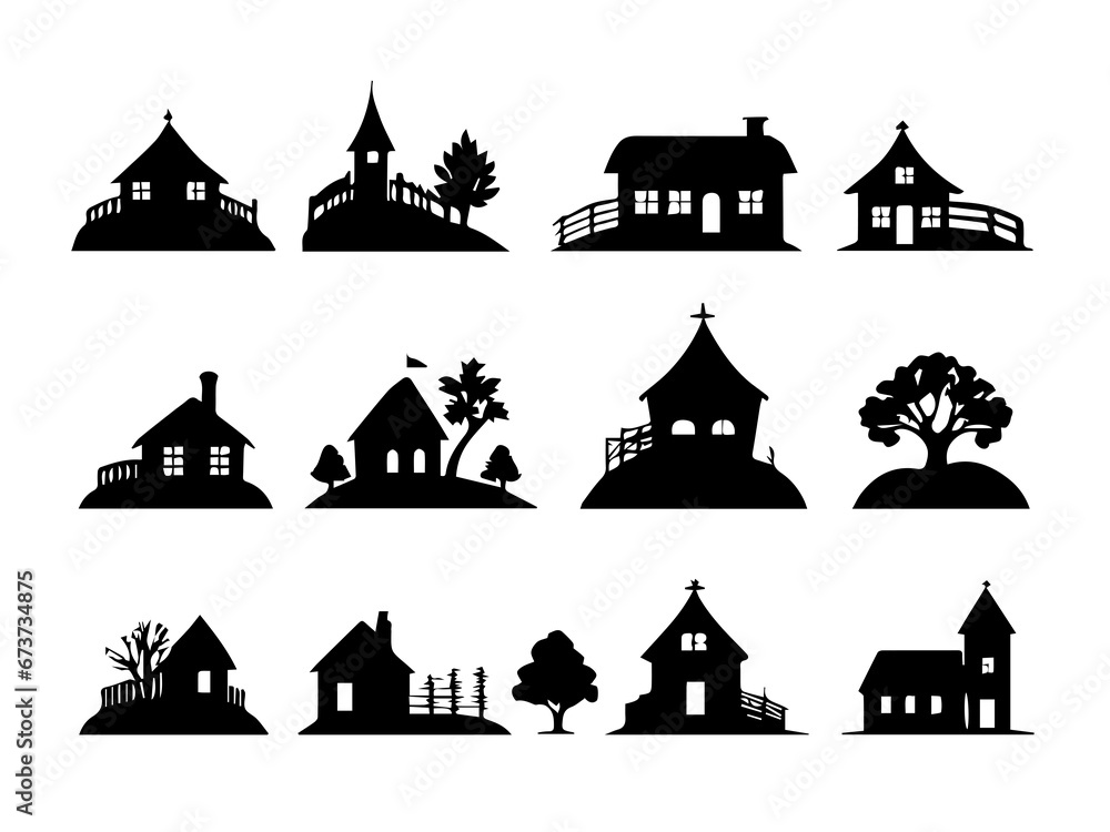 set of silhouettes of houses icons , black and white , nature vector