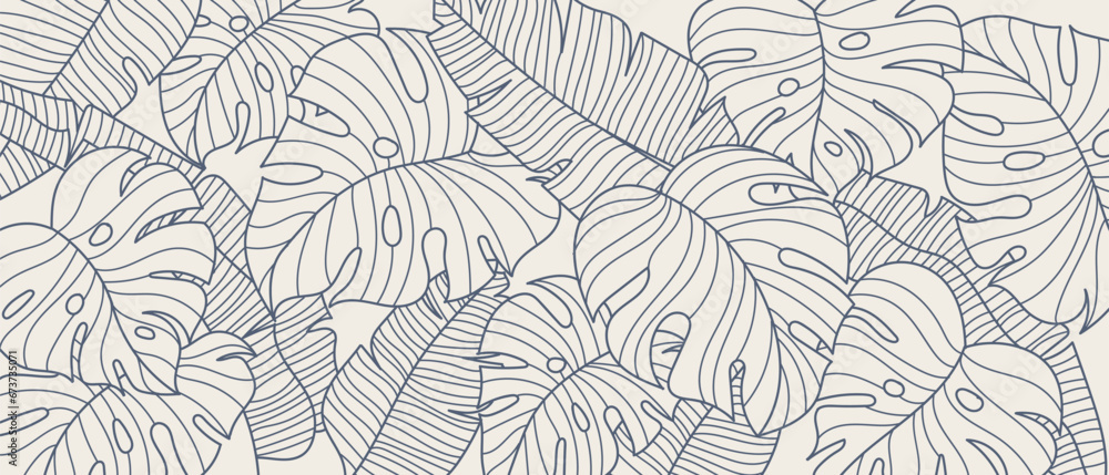 Tropical leaf line art wallpaper background vector. Natural monstera and banana leaves pattern design in minimalist linear.