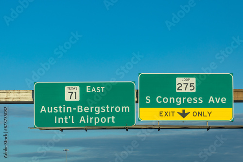 traffic sign austin bergstrom international airport and congress avenue exit only at highway 35, Austin, USA photo