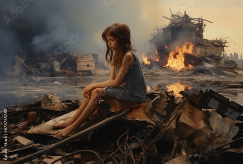 A child in a destroyed city becomes a victim of the War conflict. A city destroyed by war. War crisis concept.