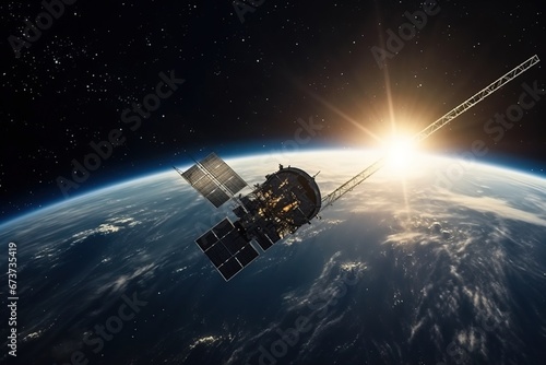 A satellite is flying in orbit around the planet Earth. AI generated.