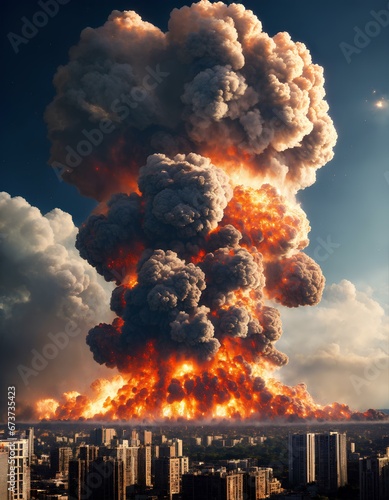核爆弾爆発のキノコ雲、イラストレーション背景｜Mushroom cloud of nuclear bomb explosion. illustration background. Generative AI