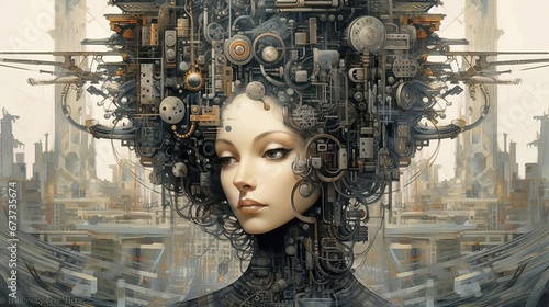 Art deco fantasy woman in futuristic city, fictional character, AI generated photo