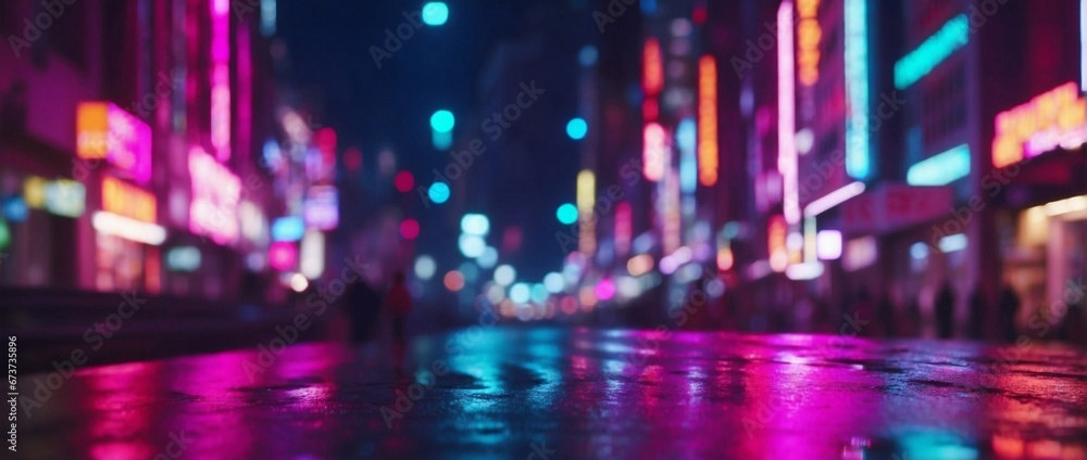 Wet asphalt. Blurred neon lights background. Neon city lights in bokeh style. Futuristic wallpaper. Wide angle shot.