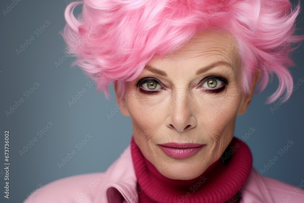 Portrait of a stylish adult woman with pink hair, bright makeup and fashionable short haircut.