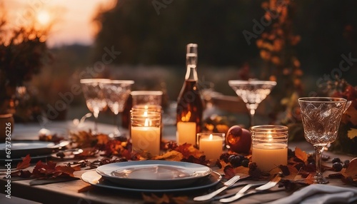 Autumn outdoor dinner table on patio, sunset