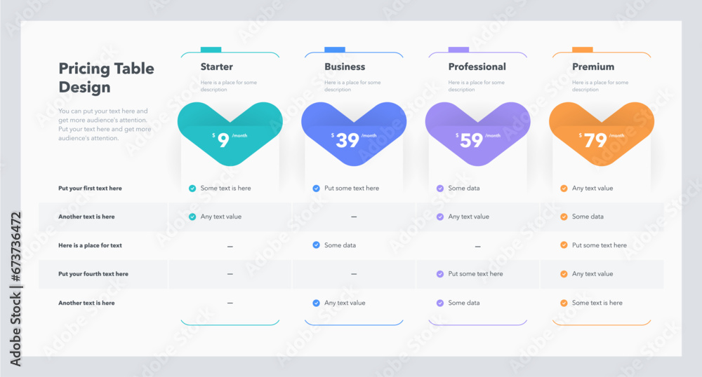 Price comparison table template for four plans or services. Simple flat infographic design for website marketing or promotion. - obrazy, fototapety, plakaty 
