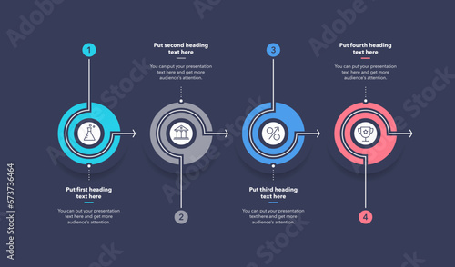 Horizontal process infographic template with four stages - dark version. Flat presentation diagram with thin lines and minimalistic icons.