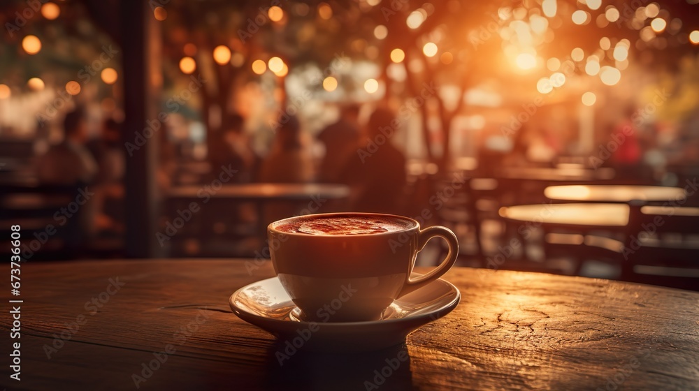 Primer plano de un café en una cafetería al aire libre, con espacio para texto en la parte superior. Concepto de estilo de vida, relajación. Generado por IA. Primer plano de un café en una cafetería al aire libre, con espacio para texto en la parte superior. Concepto de estilo de vida, relajación. Generado por IA.