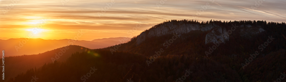 Atmospheric landscape panorama with mountains in the autumn