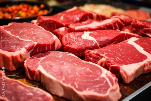 Different cuts of fresh raw red meat in supermarket, variety of prime meat steaks, angus, T-bone, ribeye, striploin, tomahawk on display in a grocery store meat counter
