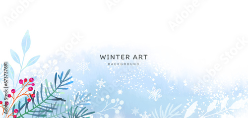 Winter vector background with watercolor snow texture, pine branches and berries. Artistic abstract Christmas holidays design for poster, wallpaper, banner, greeting card, advertising