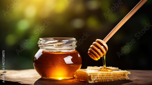 Close-up of a jar of honey with a honey dipper on a wooden table with a green natural background. Generative AI