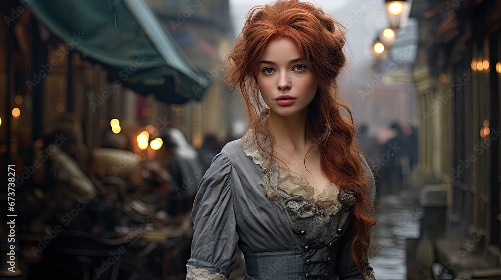 an 18 year old vibrant red hair woman in a victorian times setting - obrazy, fototapety, plakaty 