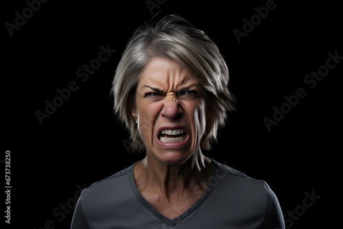 Angry senior Caucasian woman yelling, head and shoulders portrait on black background. Neural network generated image. Not based on any actual person or scene. photo