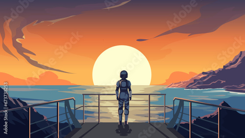 silhouette of a female astronaut person watching the sunset photo