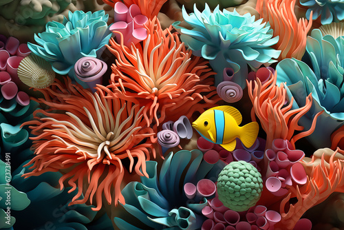 Beautiful tropical fish swim among coral reefs in this 3D render, perfect for an underwater-themed background or aquarium wallpaper. © themefire