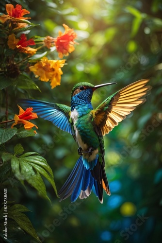 a hummingbird with dazzling plumage takes center stage in dense Brazilian tropical rainforest where sunlight filters through the lush green canopy. Generative AI.