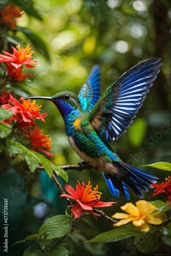 a hummingbird with dazzling plumage takes center stage in dense Brazilian tropical rainforest where sunlight filters through the lush green canopy. Generative AI.