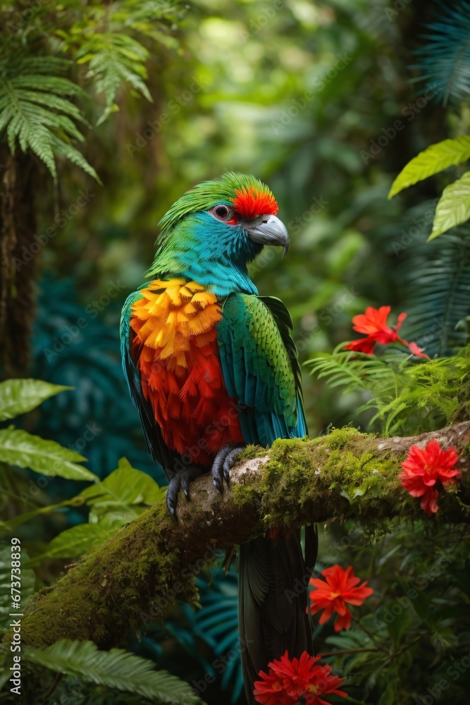 A resplendent quetzal with dazzling plumage takes center stage in dense Brazilian tropical rainforest where sunlight filters through the lush green canopy. Generative AI. A resplendent quetzal with dazzling plumage takes center stage in dense Brazilian tropical rainforest where sunlight filters through the lush green canopy. Generative AI.