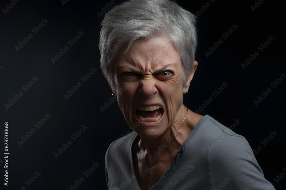 Angry senior Caucasian woman yelling, head and shoulders portrait on black background. Neural network generated image. Not based on any actual person or scene. Angry senior Caucasian woman yelling, head and shoulders portrait on black background. Neural network generated image. Not based on any actual person or scene.