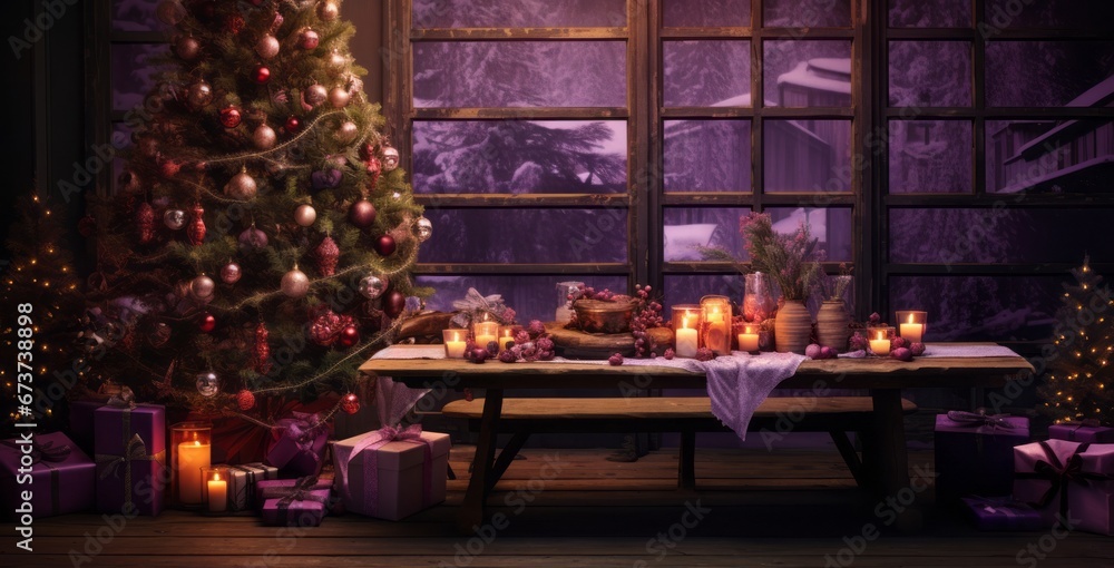 Rustic Christmas Scene with Gifts and Tree