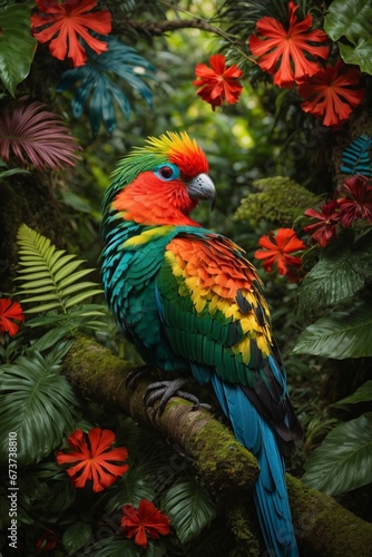 A resplendent quetzal with dazzling plumage takes center stage in dense Brazilian tropical rainforest where sunlight filters through the lush green canopy. Generative AI.