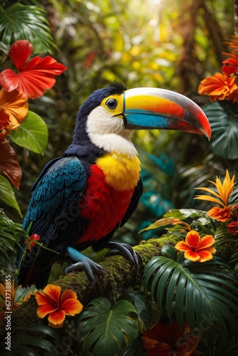 a toucan with dazzling plumage takes center stage in dense Brazilian tropical rainforest where sunlight filters through the lush green canopy. Generative AI.