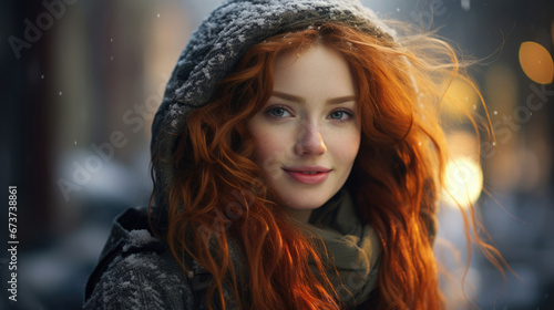 Red haired beautiful woman standing in the streets in warm cloths