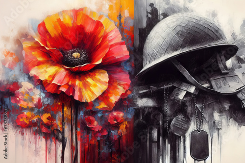 Foto Remembrance Day, Armistice Day, Anzac day background with soldier helmet, ammuni