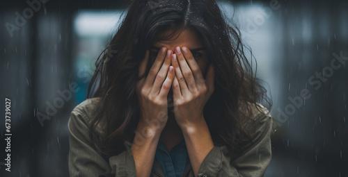 woman covering her face with hands in despair photo