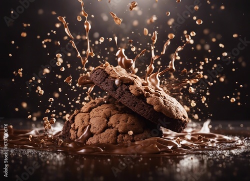 Delicious homemade chocolate chip cookies with exploding ingredients, isolated background photo