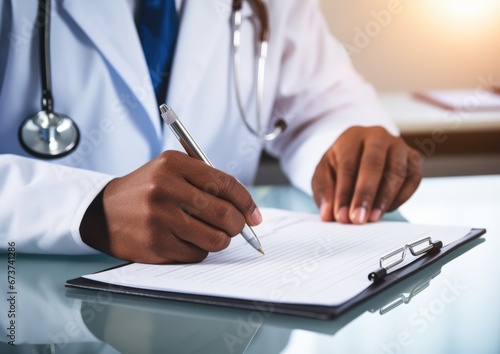 A black African-American doctor, a nurse worker in a clinic, receiving patients and consulting, a surgeon, a therapist, a medical worker in uniform with copy space