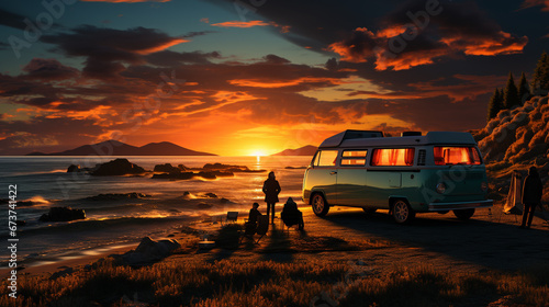 Camper van at sunset. © andranik123