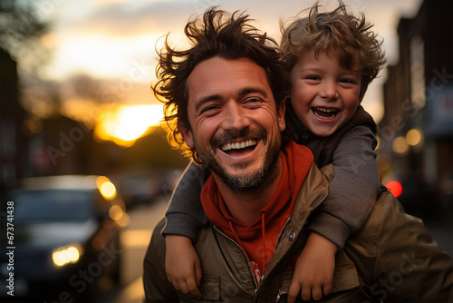 Parents and children, son on shoulders of his father. Happy family, a carefree and playful outdoor evening. people smiling outdoors. Happiness and love in a fun relationship between dad and kid