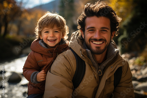 Parents and children, father with son. Happy family, a carefree and playful outing in the autumn park. people smiling outdoors. Happiness and love in a fun relationship between dad and kid