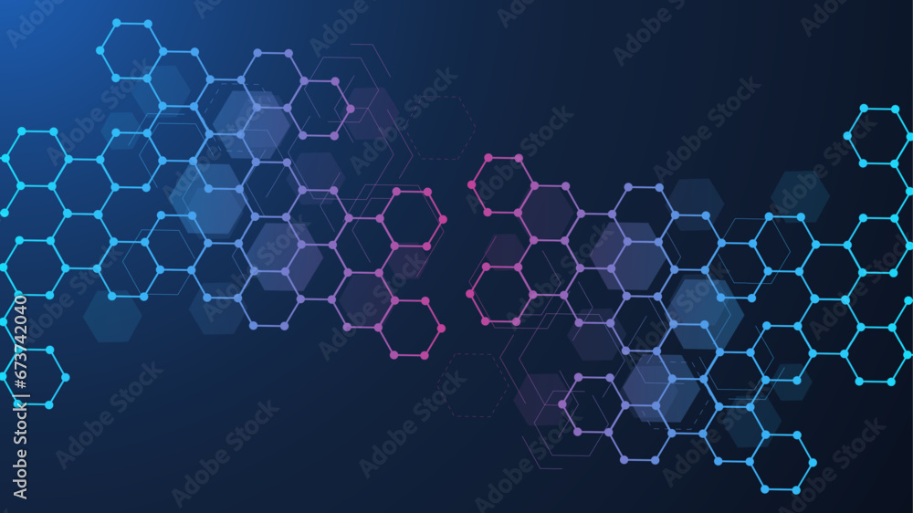 Obraz premium Modern scientific background with hexagons, lines and dots. Wave flow abstract background. Molecular structure for medical, technology, chemistry, science. Vector illustration