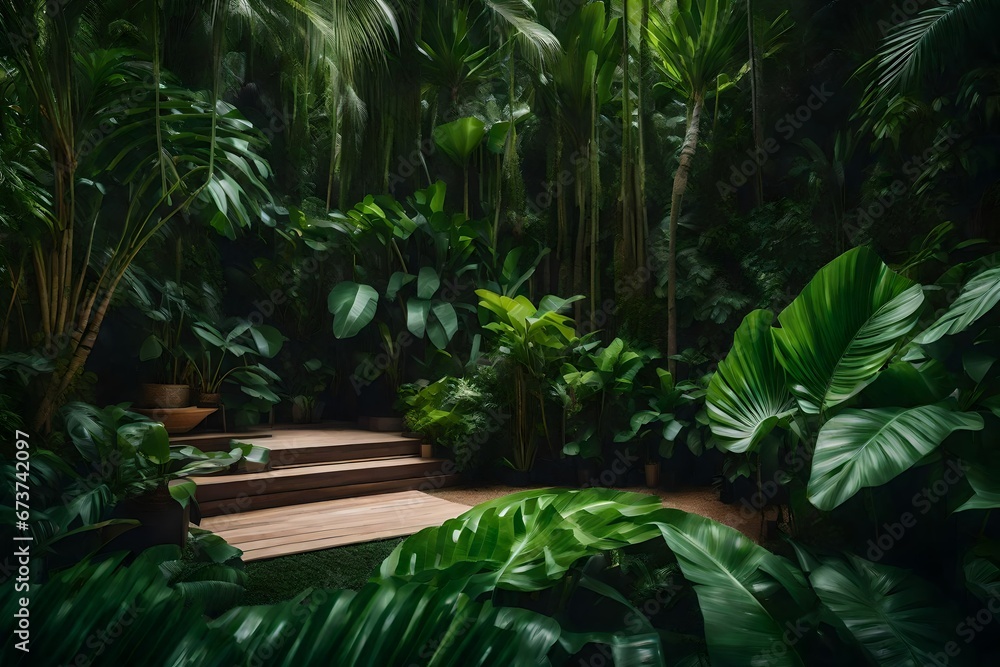 Create a tropical oasis with lush greenery.