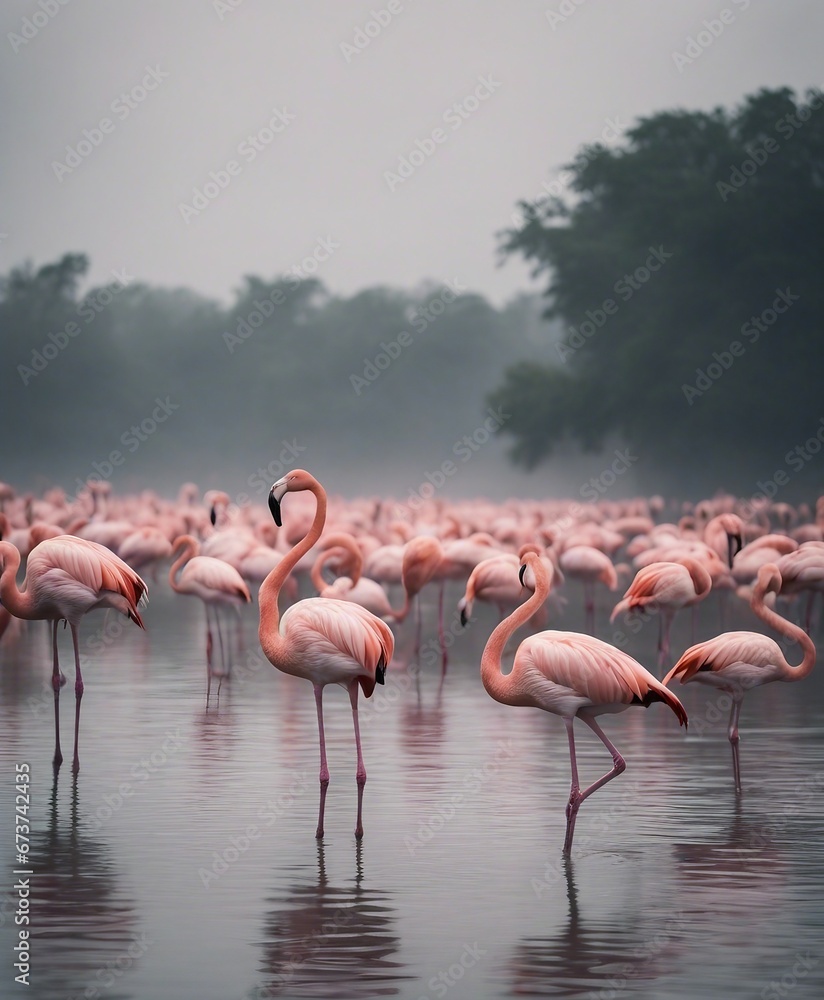 a flock of Flamingo's standing in the river, sunset and foggy weather