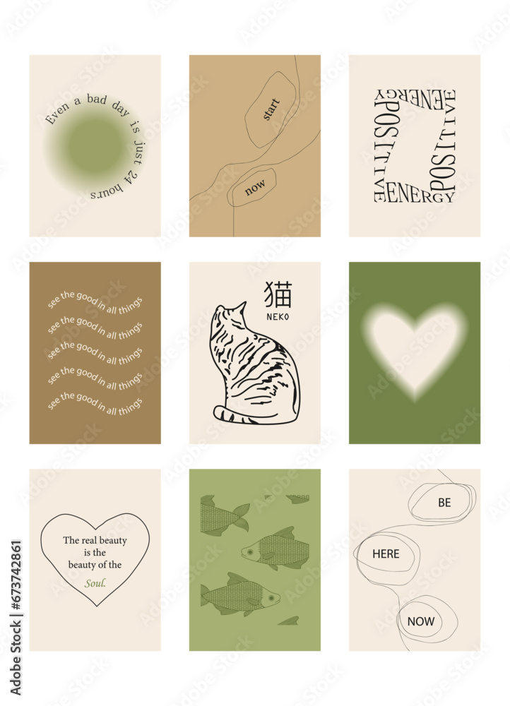 Set of positive social media quotes, motivation posters on trendy abstract background in neutral colors (Japanese text translation: cat).
