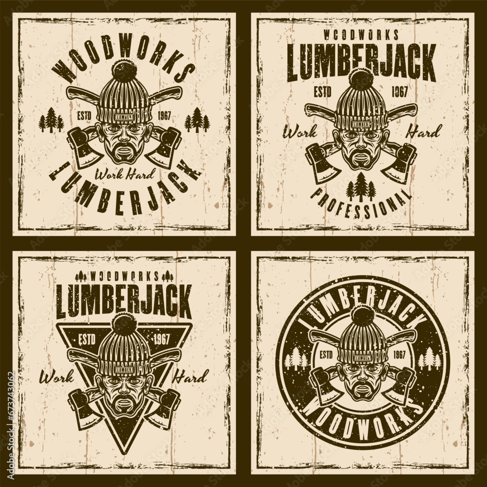 Obraz premium Lumberjack set of vector vintage emblems, labels, badges or prints on background with grunge textures